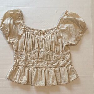 Women's Cream Oatmeal Cotton/Linen Blend Puff Sleeve Top